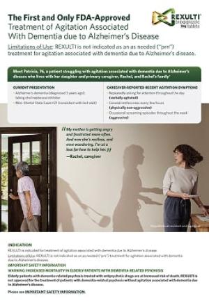 REXULTI Outpatient Patient Profile flyer for Agitation associated with dementia due to Alzheimer's disease for healthcare professionals.