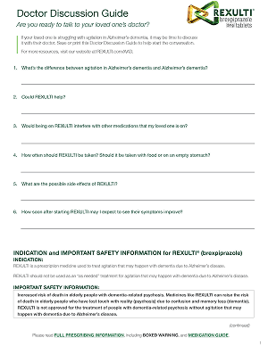 REXULTI Doctor Discussion Guide for Agitation associated with dementia due to Alzheimer's disease patients and caregivers.